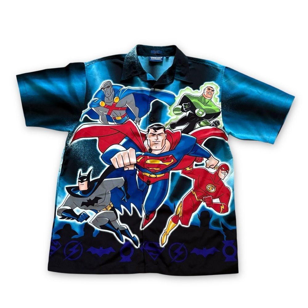 Vintage 2002 Justice League All-Over Print Button Up Shirt Size XL Superman